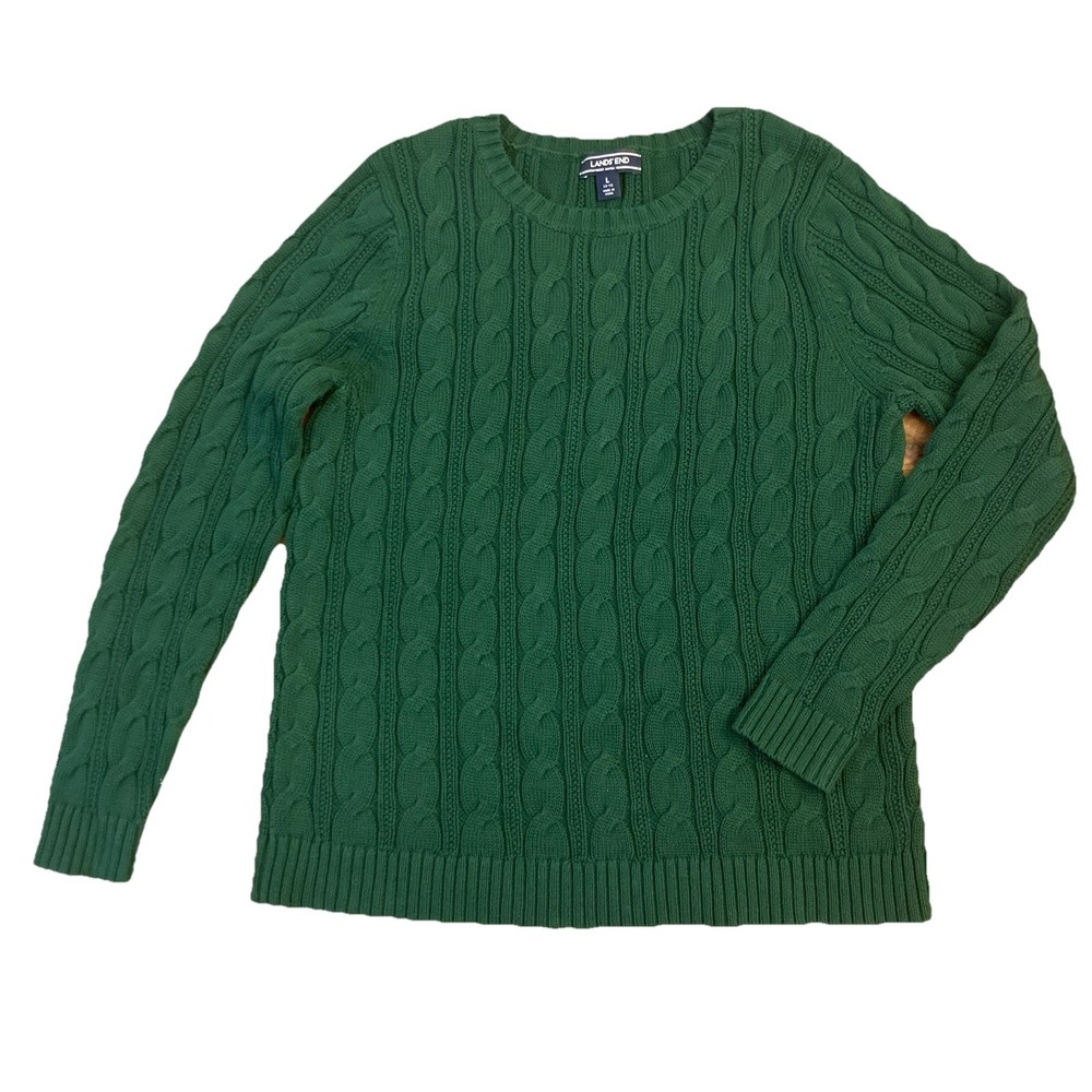 New Lands' End Youth Large Green Cable Knit Waffle Crewneck‎ Sweater